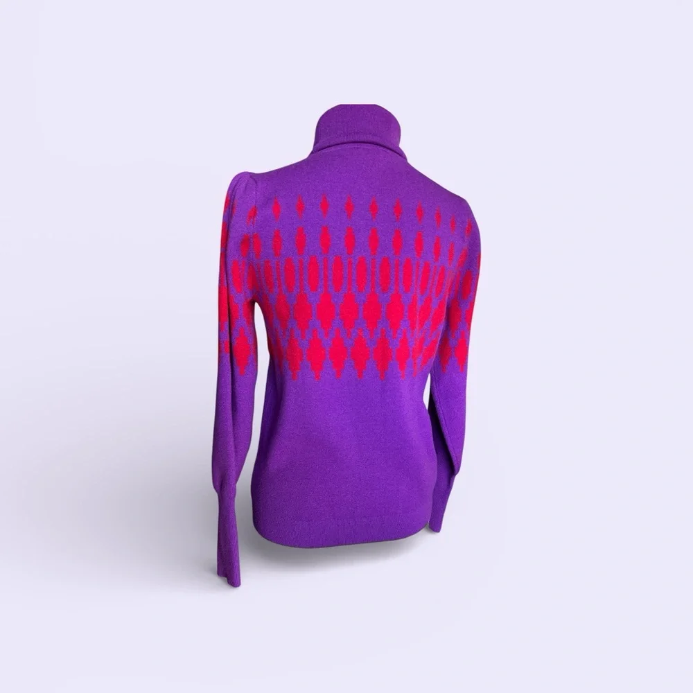 Ann Taylor Fair Isle Turtleneck Sweater Small Purple Red Knit‎ Winter Cozy